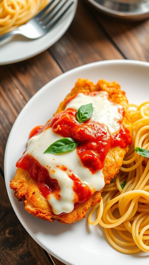 Crispy chicken parmesan topped with marinara and mozzarella, garnished with basil, served with spaghetti.